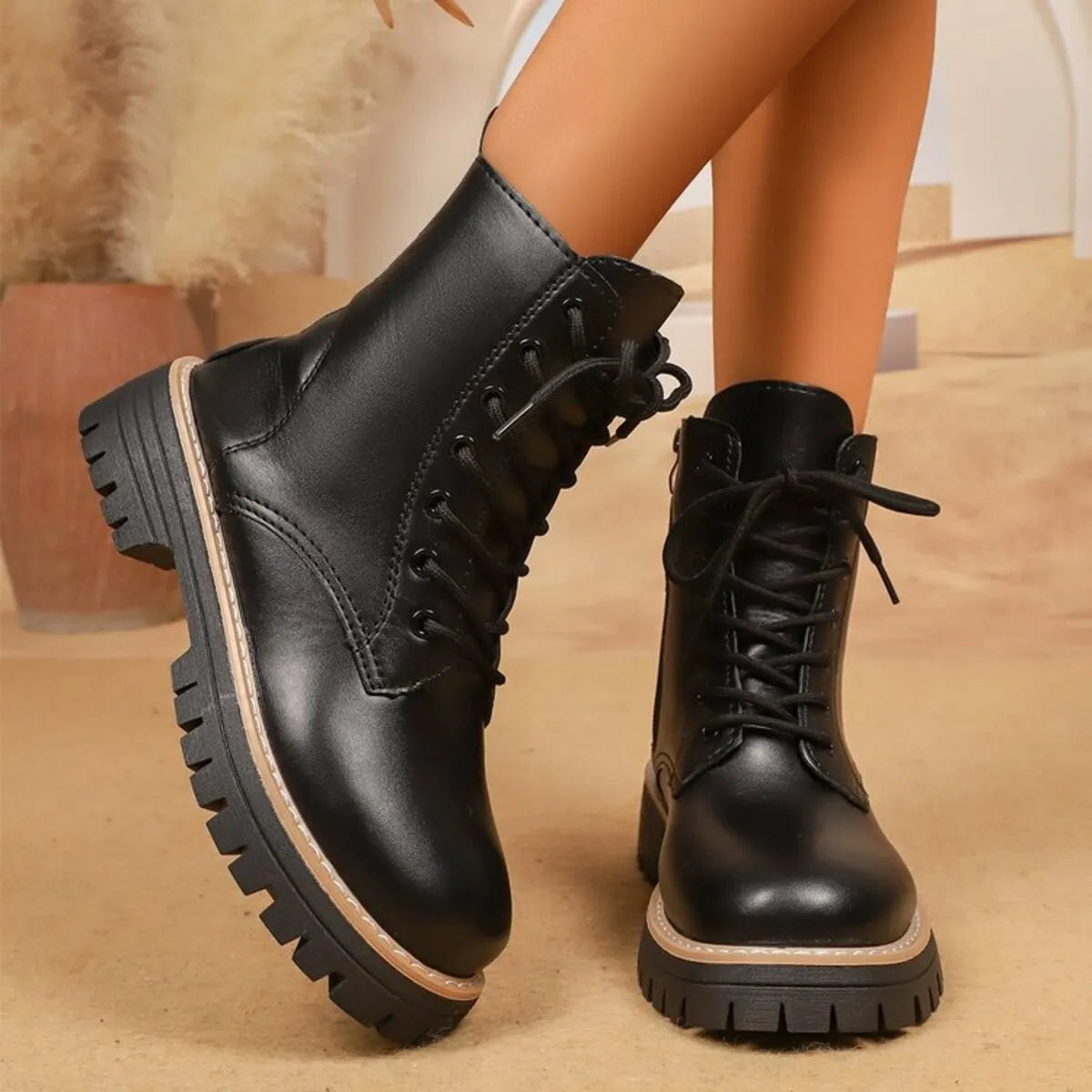 Lace Up Leather Combat Boots with Chunky Sole | Boots Daverri Fashions