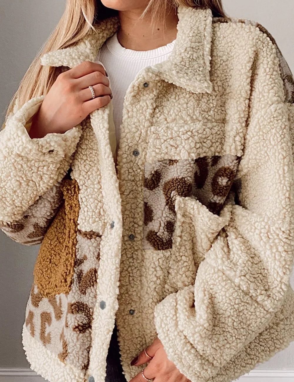 Cream Pocketed Leopard Collared Neck Sherpa Jacket | Jackets Daverri Fashions