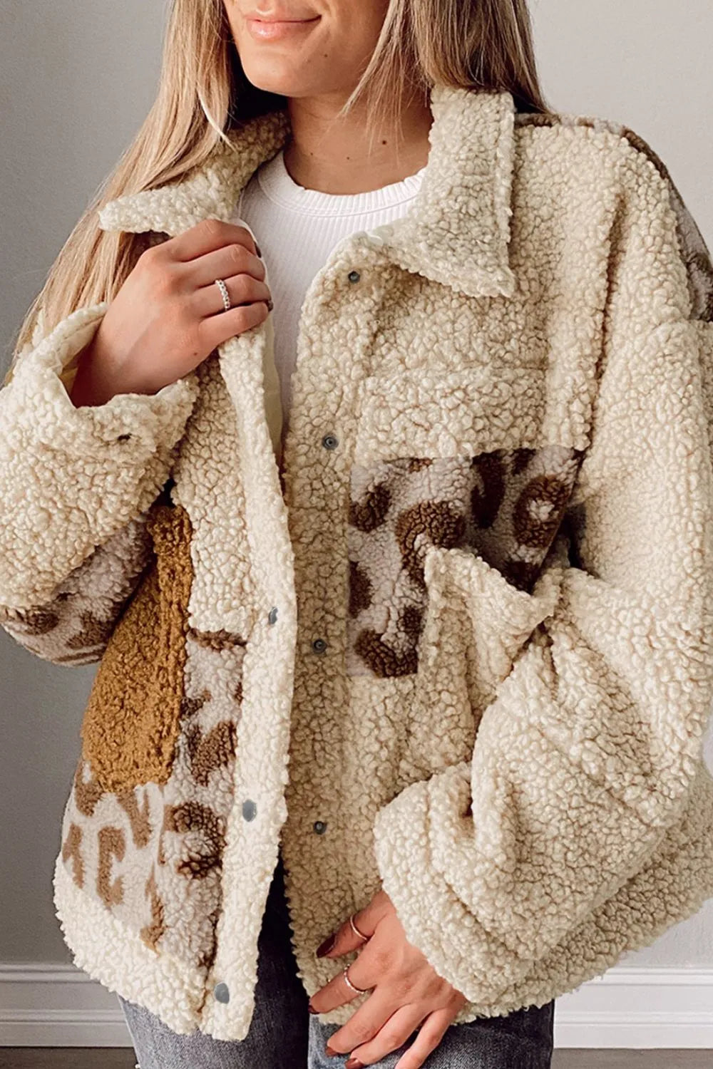 Cream Pocketed Leopard Collared Neck Sherpa Jacket | Daverri Fashions