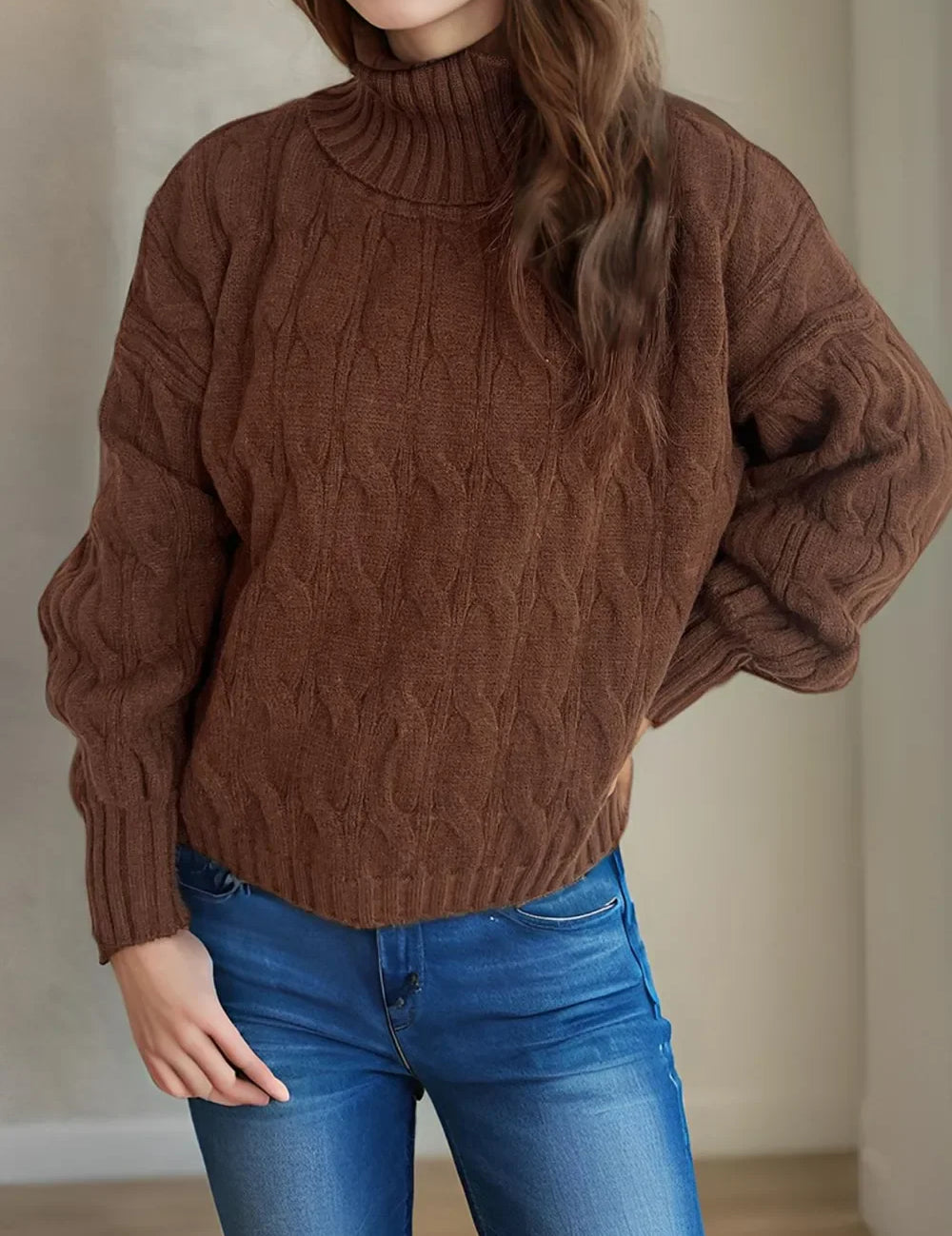 Brown cable-knit turtleneck sweater with balloon sleeves