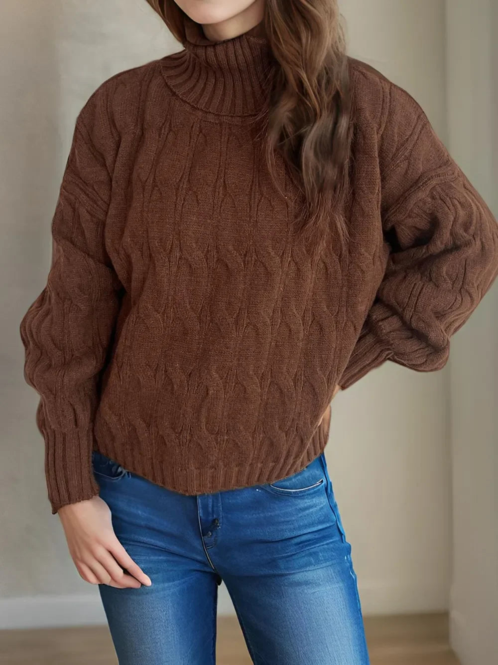 Brown cable-knit turtleneck sweater with balloon sleeves