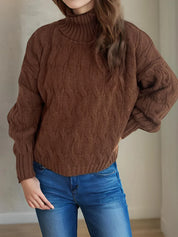 Brown cable-knit turtleneck sweater with balloon sleeves