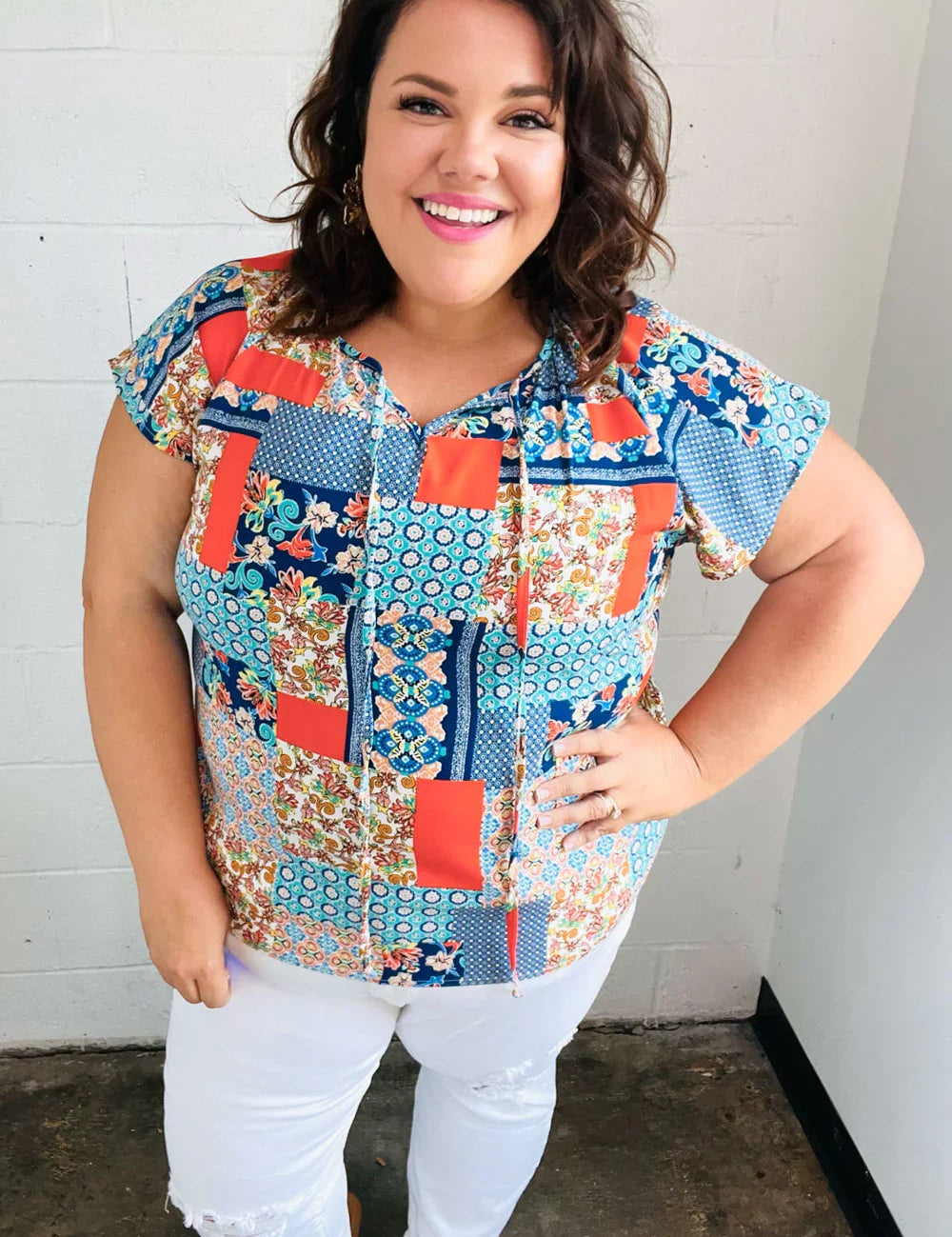 Blue & Orange Boho Patchwork Raglan Top | Daverri Fashions