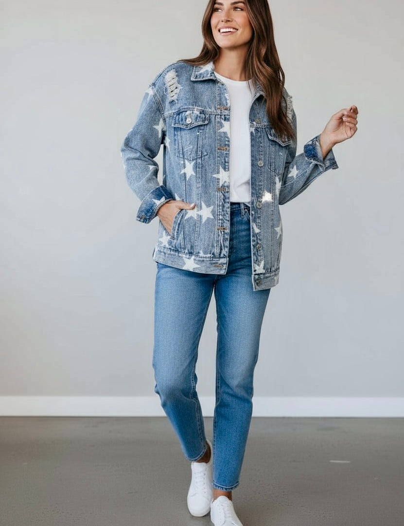 Star Distressed Denim Shacket | Shackets Daverri Fashions