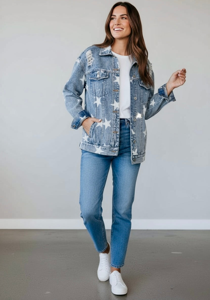 Star Distressed Denim Shacket | Shackets Daverri Fashions