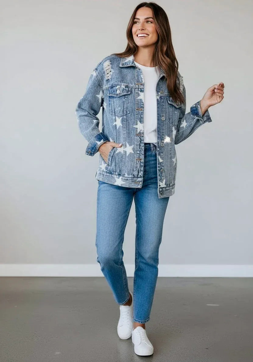 Star Distressed Denim Shacket - DAVERRI FASHIONS