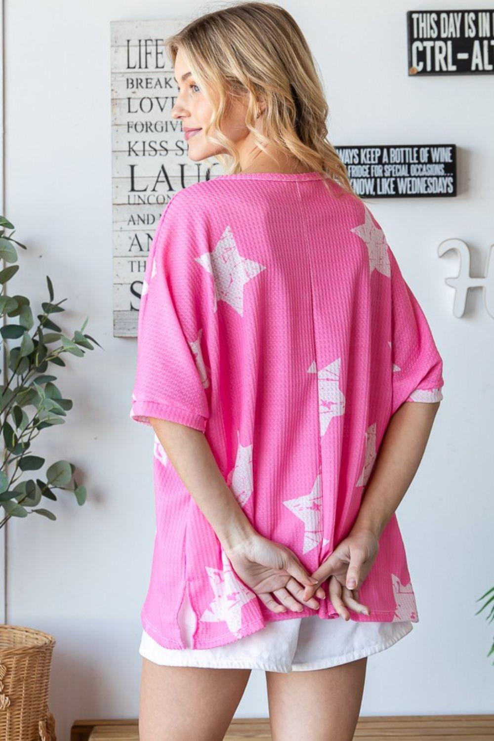 HOPELY Hot Pink Star Pattern Oversized Waffle T-Shirt T-Shirts