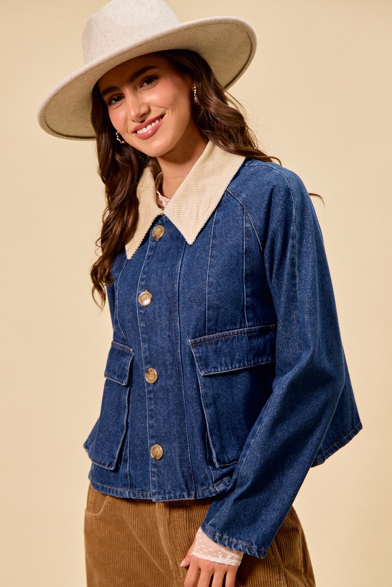 SO ME zip-up denim jacket with cream corduroy collar and gold buttons