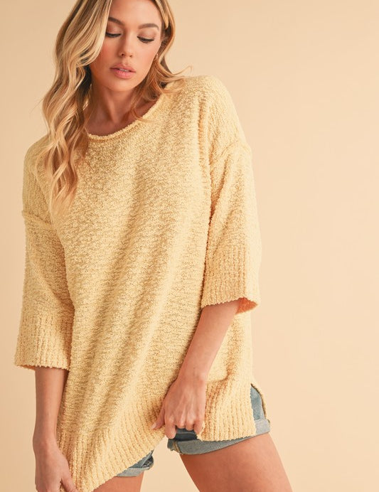 Aemi + Co Side Slit Ribbed Hem Round Neck Sweater Pastel Yellow