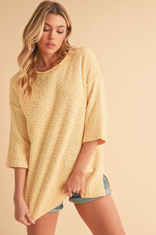 Aemi + Co Side Slit Ribbed Hem Round Neck Sweater Pastel Yellow