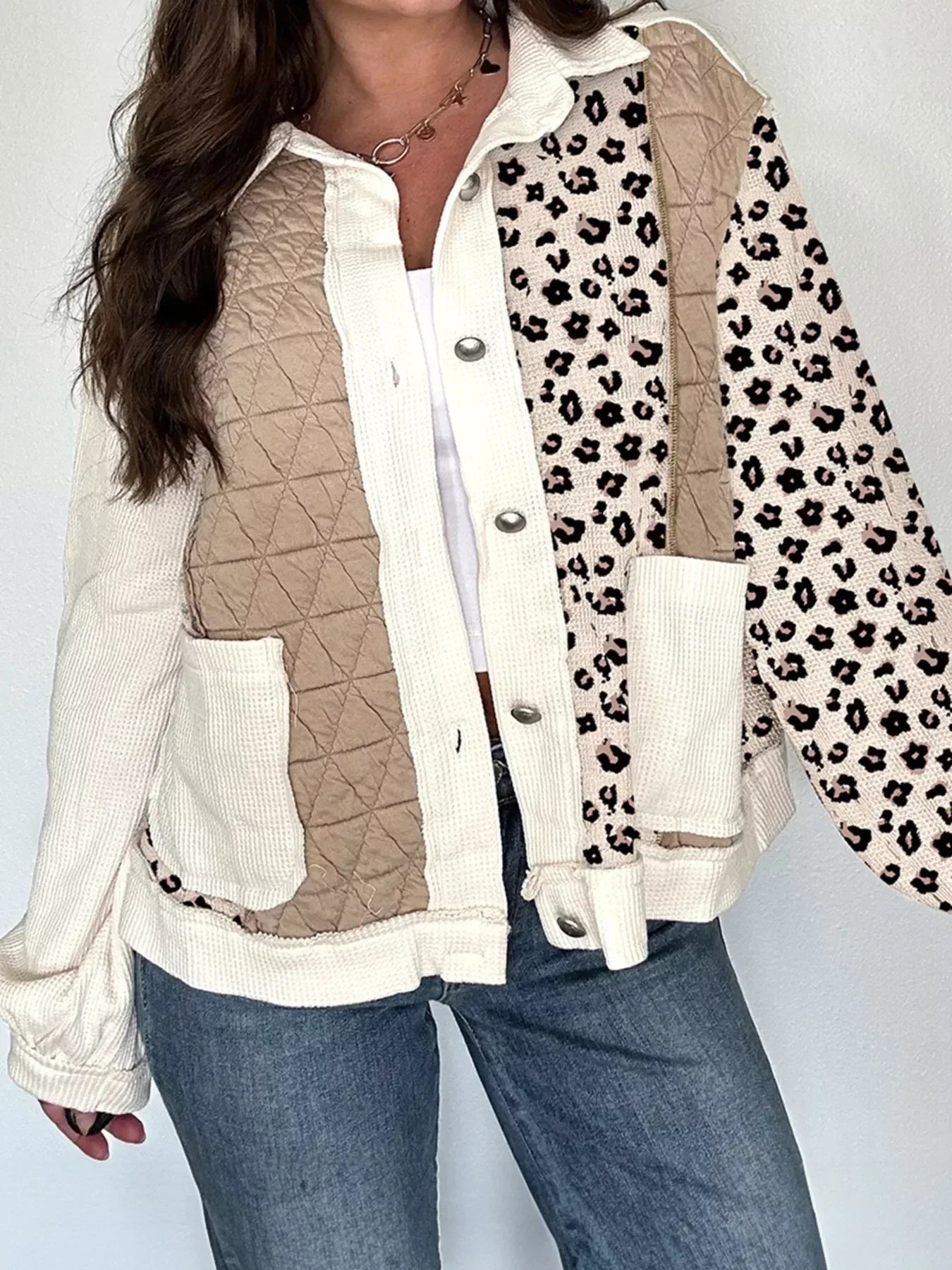 Leopard Waffle Quilted Patchwork Button Front Jacket - DAVERRI FASHIONS