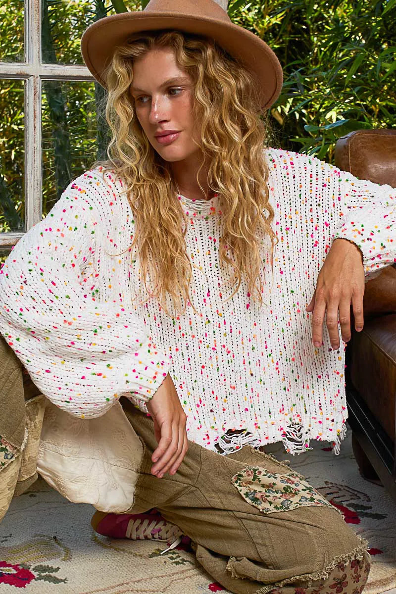 POL Round Neck Fringed Hem Sweater | Sweaters Daverri Fashions