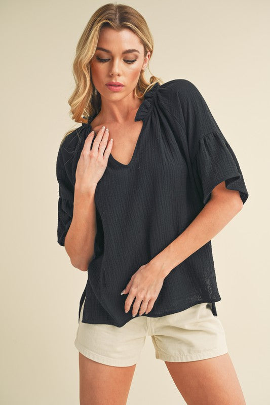 Aemi + Co Side Slit Notched Ruffled Half Sleeve Blouse Tops