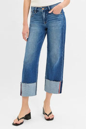 DARK RISEN Full Size Tummy Control Mid Rise Crop Wide Cuffed Jeans Plus Size | Jeans Daverri Fashions