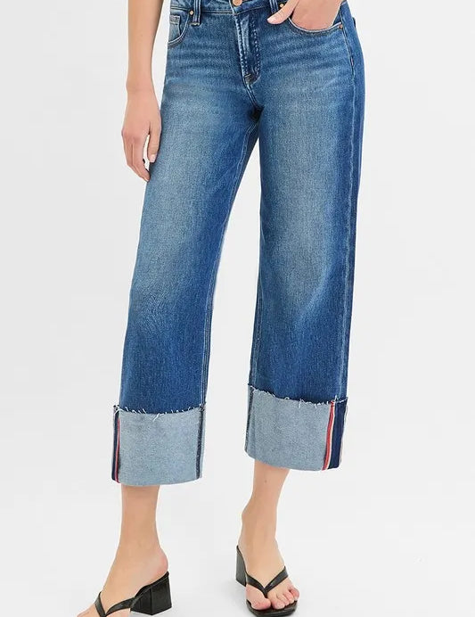 DARK RISEN Full Size Tummy Control Mid Rise Crop Wide Cuffed Jeans Plus Size | Jeans Daverri Fashions