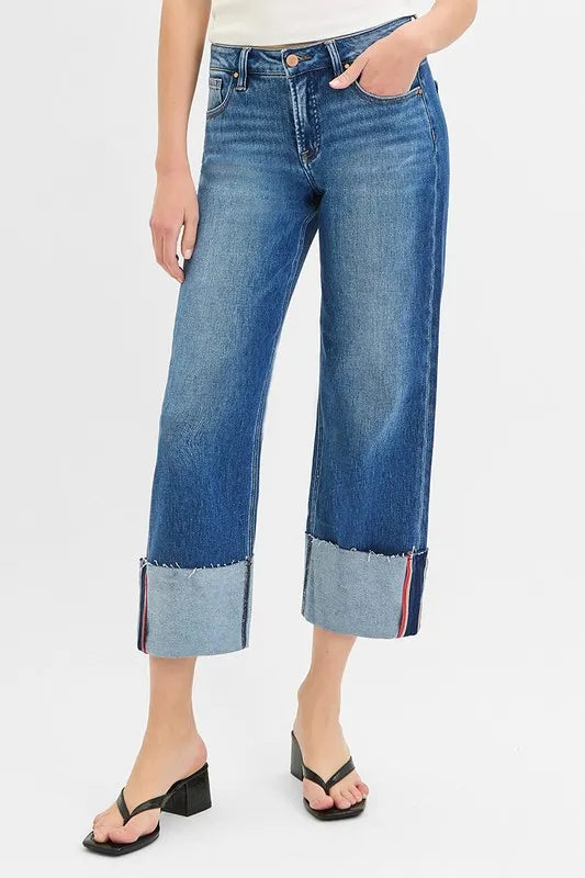 RISEN Full Size Tummy Control Mid Rise Crop Wide Cuffed Jeans Plus Size DARK Jeans
