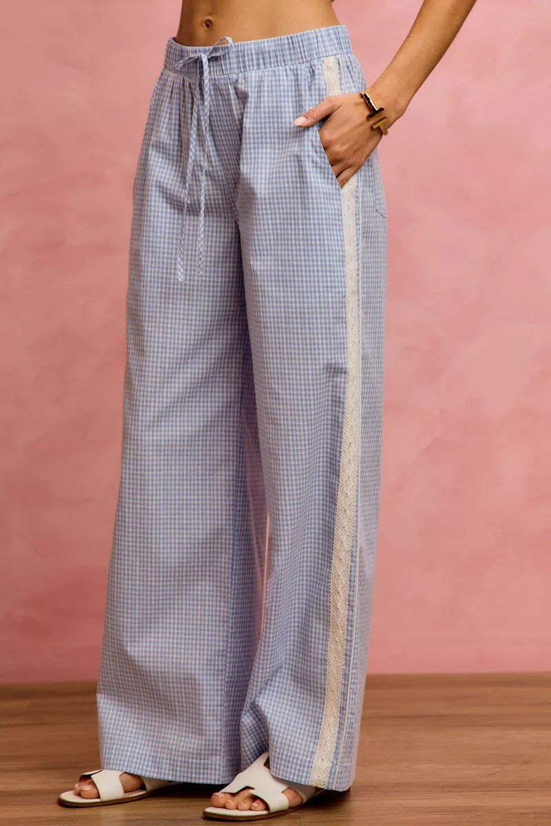 SO ME wide check pants with light blue white gingham and side lace trim