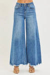 RISEN High Rise Ankle Wide Jeans in medium blue wash with frayed hems
