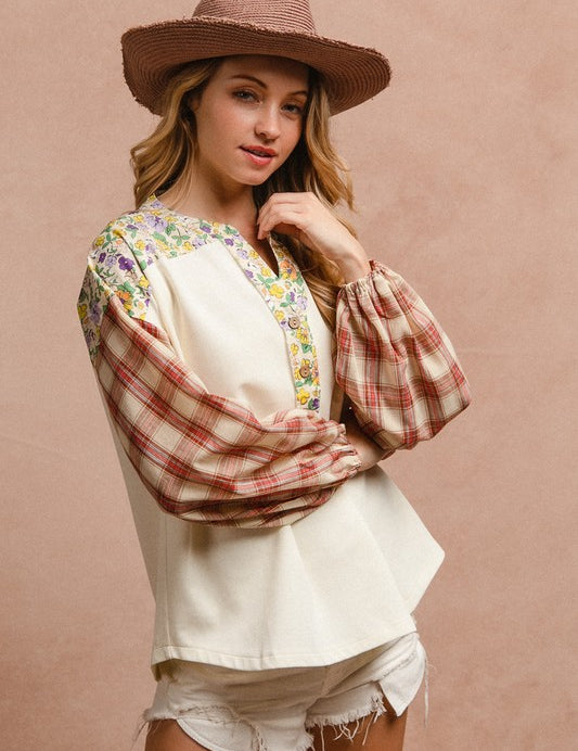 BiBi Floral Notched Plaid Balloon Sleeve Top