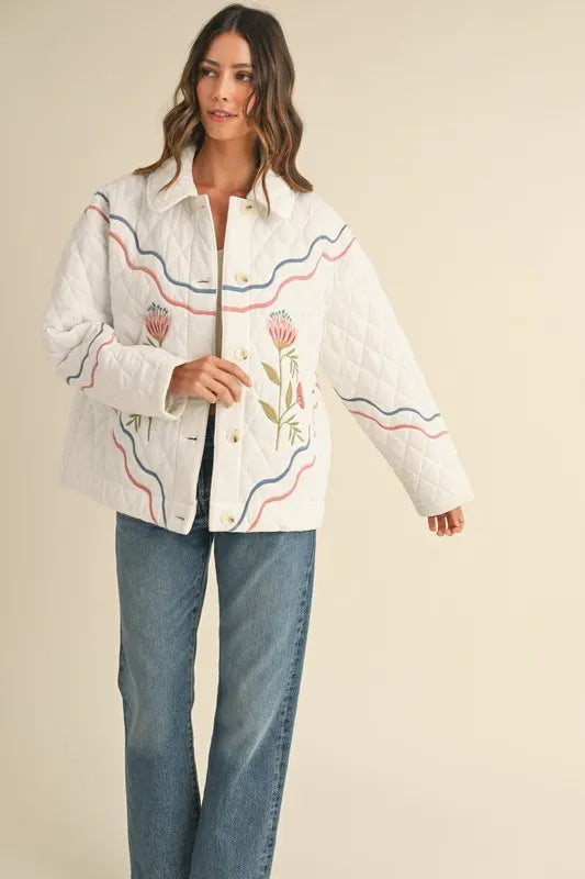 MABLE Floral Multi Color Embroidered Quilted Jacket
