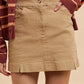 Khaki high-waisted mini skirt with front pockets, pleats, and slit details