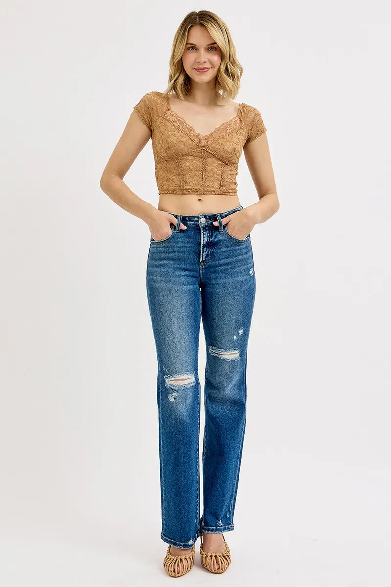 RISEN Full Size Tummy Control High Rise Straight Distressed Jeans Plus Size | Jeans Daverri Fashions