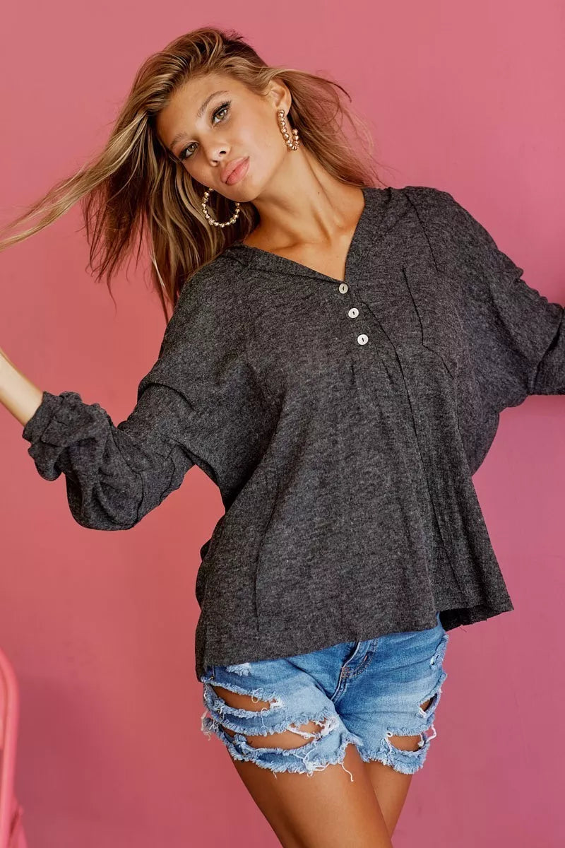 Dark gray BiBi textured knit hoodie with buttoned placket