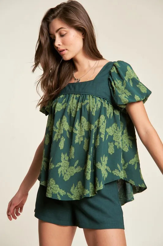 Davi & Dani Nature Printed Square Neck Puff Sleeve Blouse