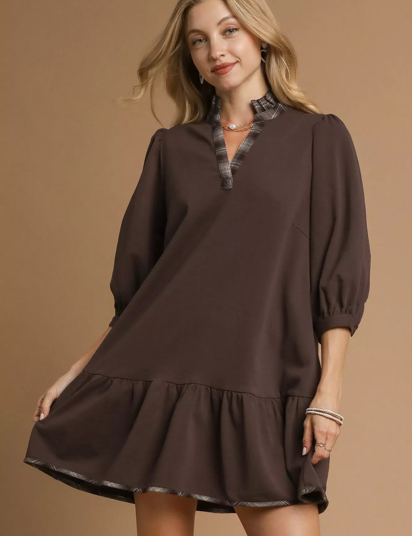 Chocolate Umgee French Terry Ruffle Hem Dress with Plaid Trim | Mini Dresses Daverri Fashions