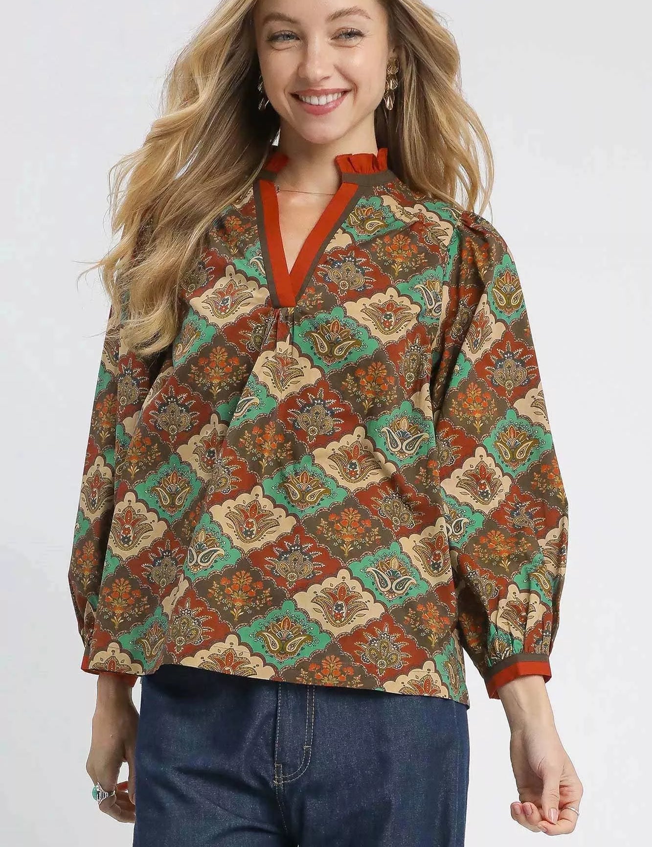 TEAL GREEN MIX Umgee Abstract Print Ruffle Neck Top | Daverri Fashions