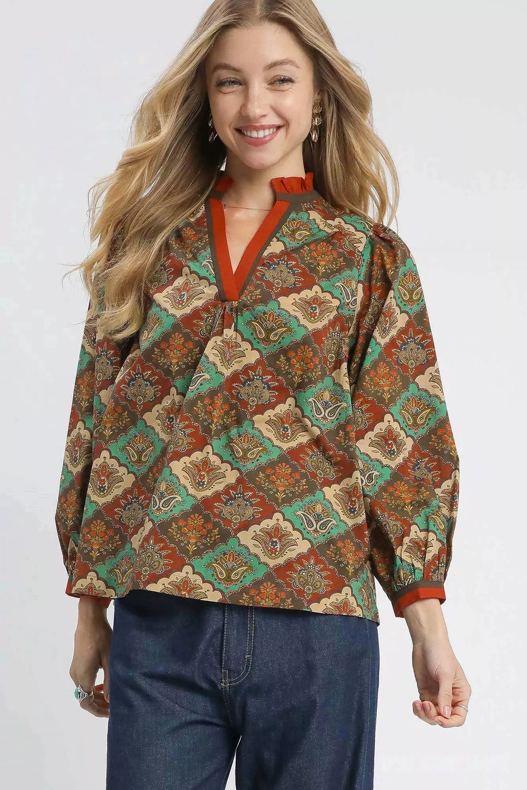 TEAL GREEN MIX Umgee Abstract Print Ruffle Neck Top | Daverri Fashions