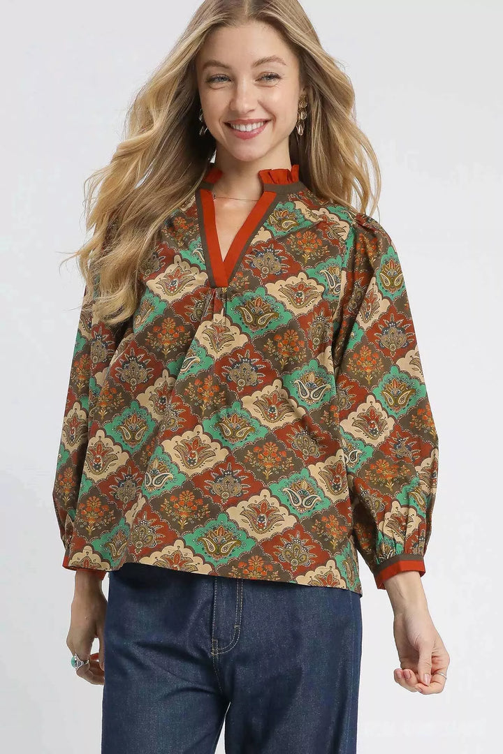 TEAL GREEN MIX Umgee Abstract Print Ruffle Neck Top | Daverri Fashions