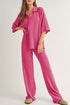 Vibrant pink waffle-knit button-up shirt and wide-leg pants set