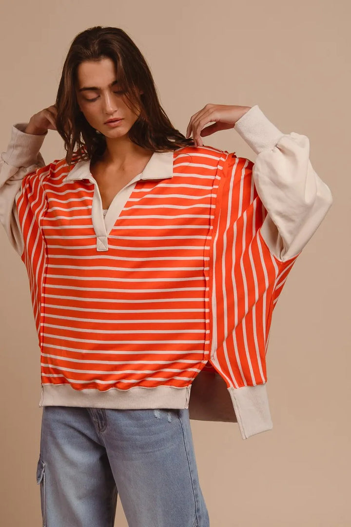 BiBi Stripe Knit Loose Fit Top With Cut Edge Detail Tops