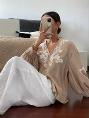 Daverri Fashions Embroidered Notched Long Sleeve Blouse - DAVERRI FASHIONS