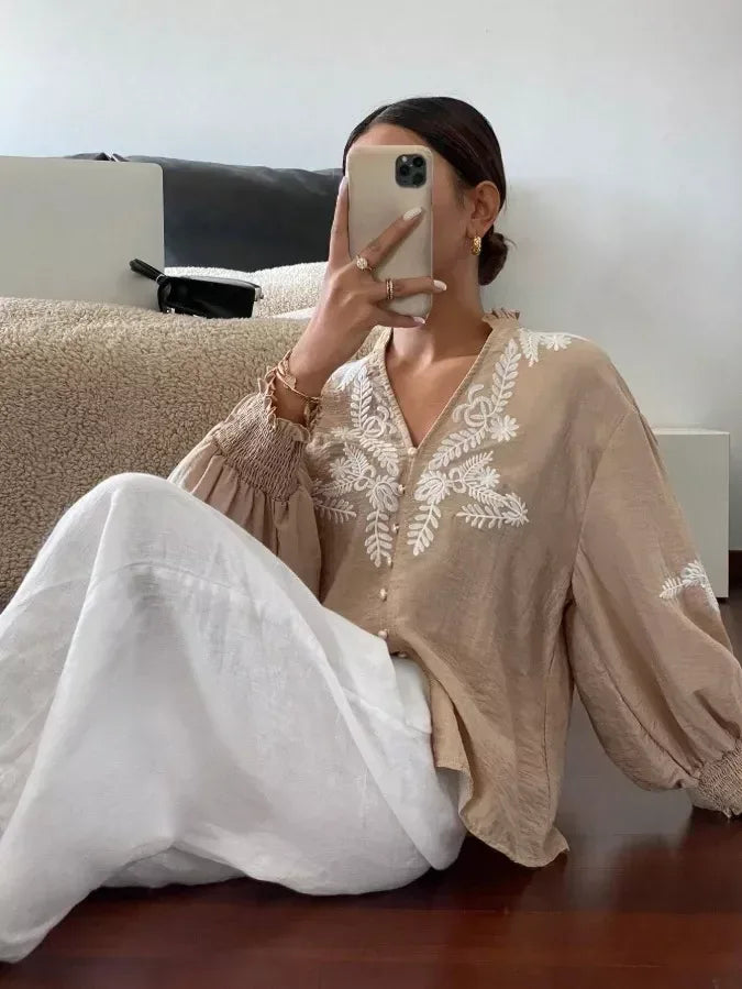 Daverri Fashions Embroidered Notched Long Sleeve Blouse - DAVERRI FASHIONS