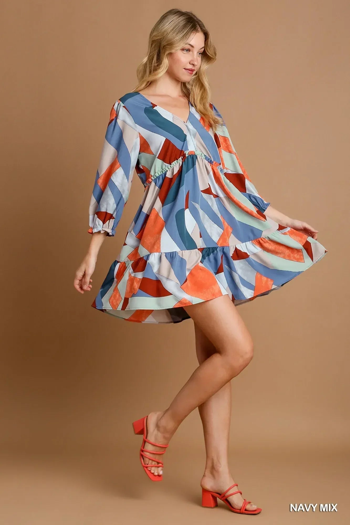 Umgee Abstract V-Neck Tiered Printed Dress - DAVERRI FASHIONS