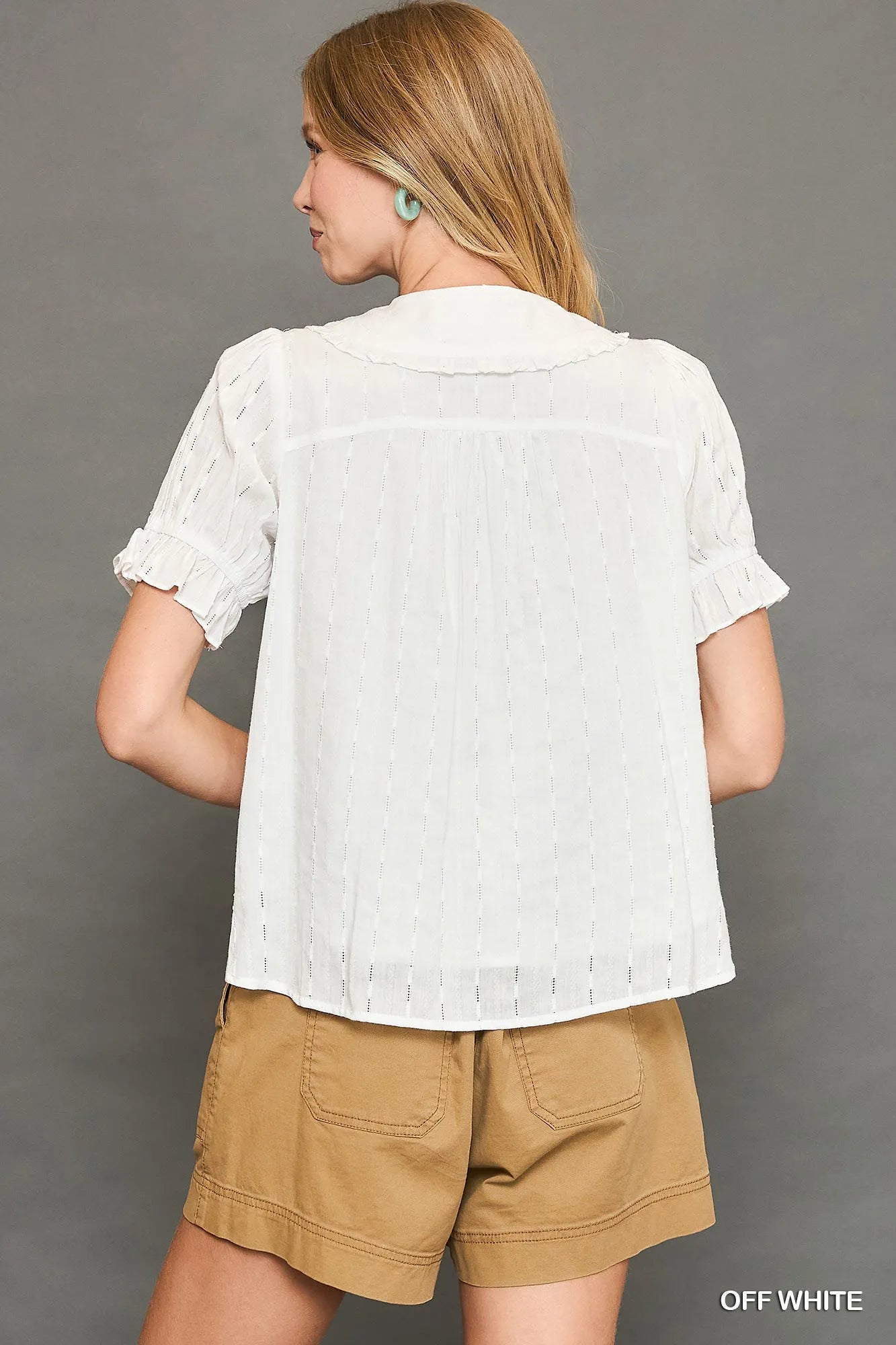 Umgee Peter Pan Collared Button Down Textured Shirt with Ruffled Deatil | Tops Daverri Fashions