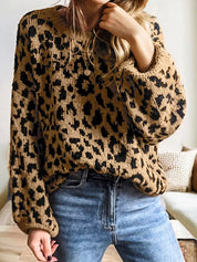 Leopard Ribbed Trim Round Neck Leopard Drop Shoulder Sweater | Sweaters Daverri Fashions