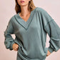Cozy ribbed teal BiBi two-tone V-neck loungewear set with pants