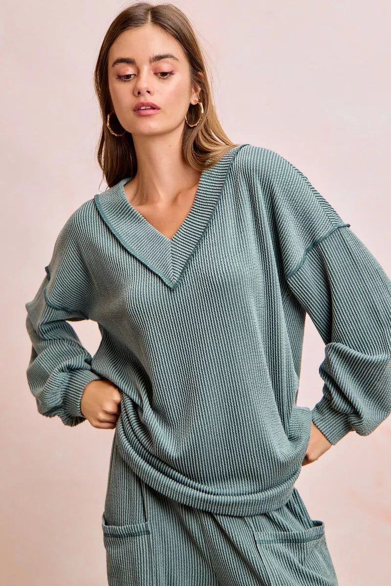 Cozy ribbed teal BiBi two-tone V-neck loungewear set with pants