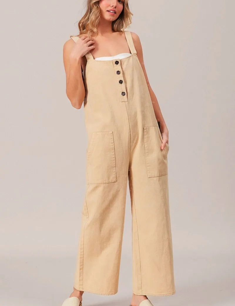 OATMEAL BiBi Washed Denim Buttoned Overall Jumpsuit | Jumpsuits Daverri Fashions