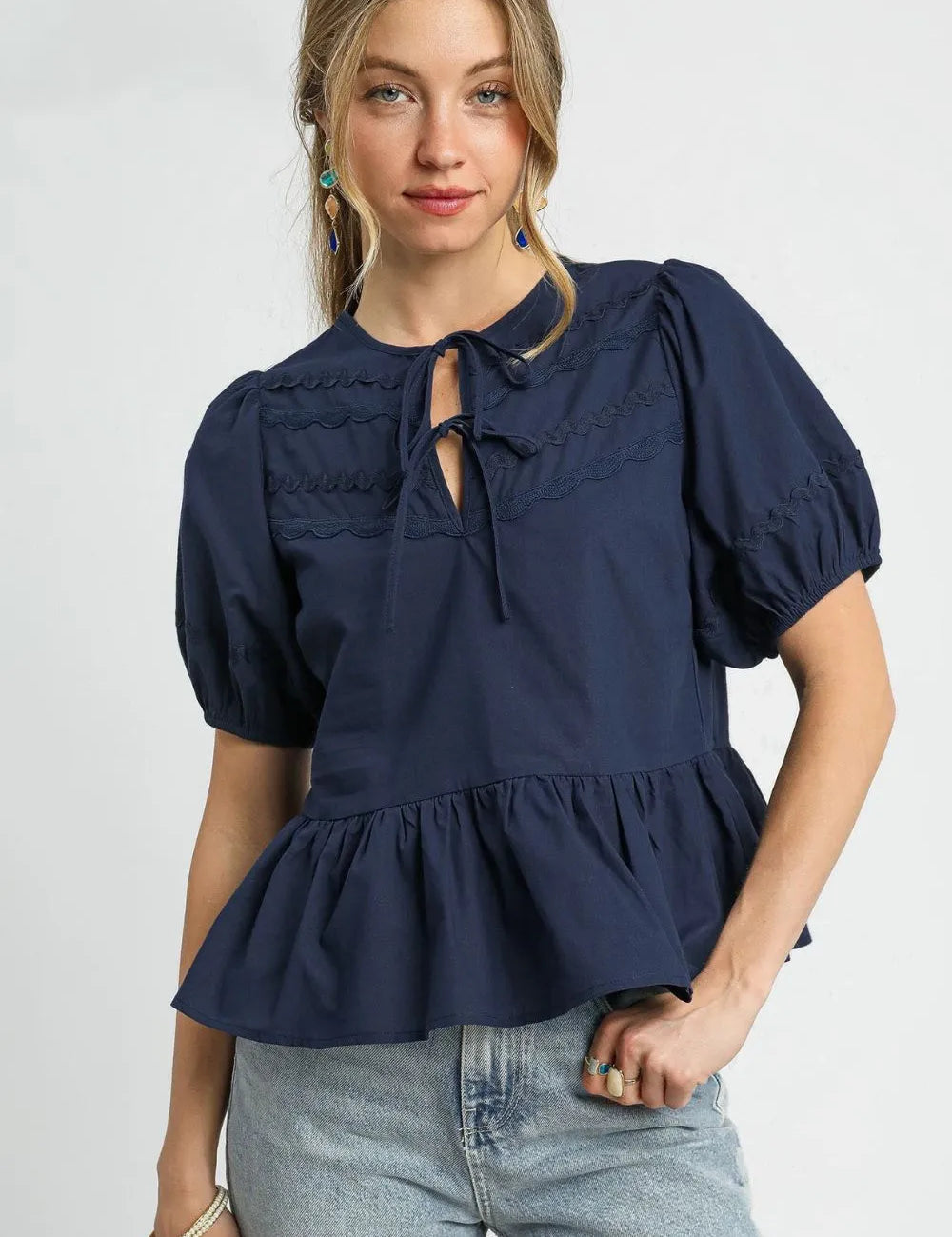 Umgee Tie Front Puff Sleeve Blouse | Daverri Fashions