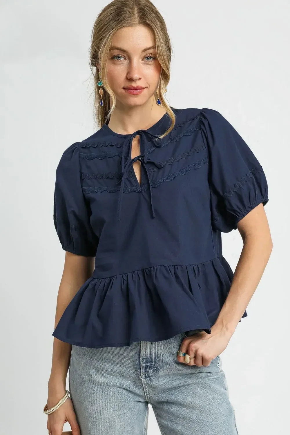 Umgee Tie Front Puff Sleeve Blouse - DAVERRI FASHIONS