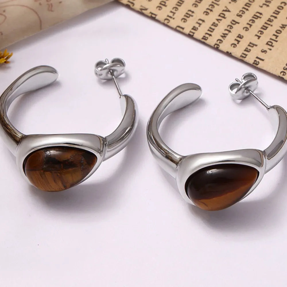 Stainless Steel Natural Tiger's Eye C-Hoop Earrings | Earrings Daverri Fashions