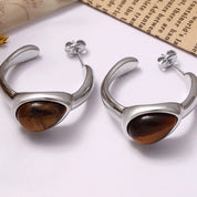 Stainless Steel Natural Tiger's Eye C-Hoop Earrings | Earrings Daverri Fashions