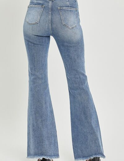 RISEN Full Size High Waist Raw Hem Flare Jeans