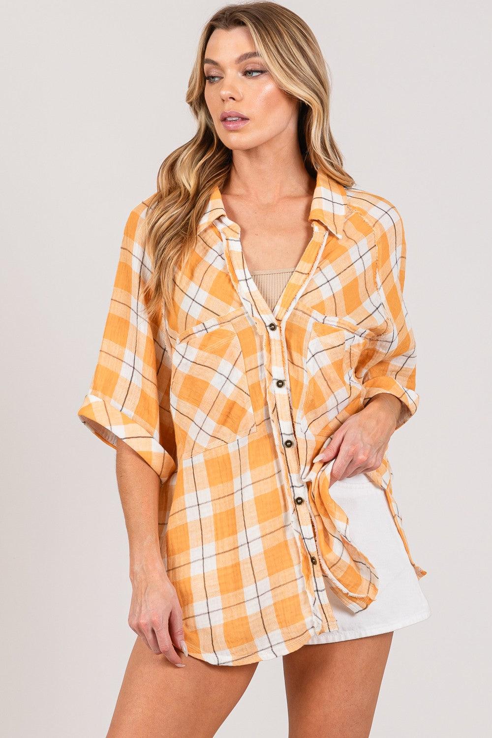 SAGE + FIG Plaid Button Up Side Slit Shirt Shirts & Tops