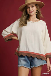 OATMEAL Umgee Scalloped Hem Color Block Top | Blouses Daverri Fashions