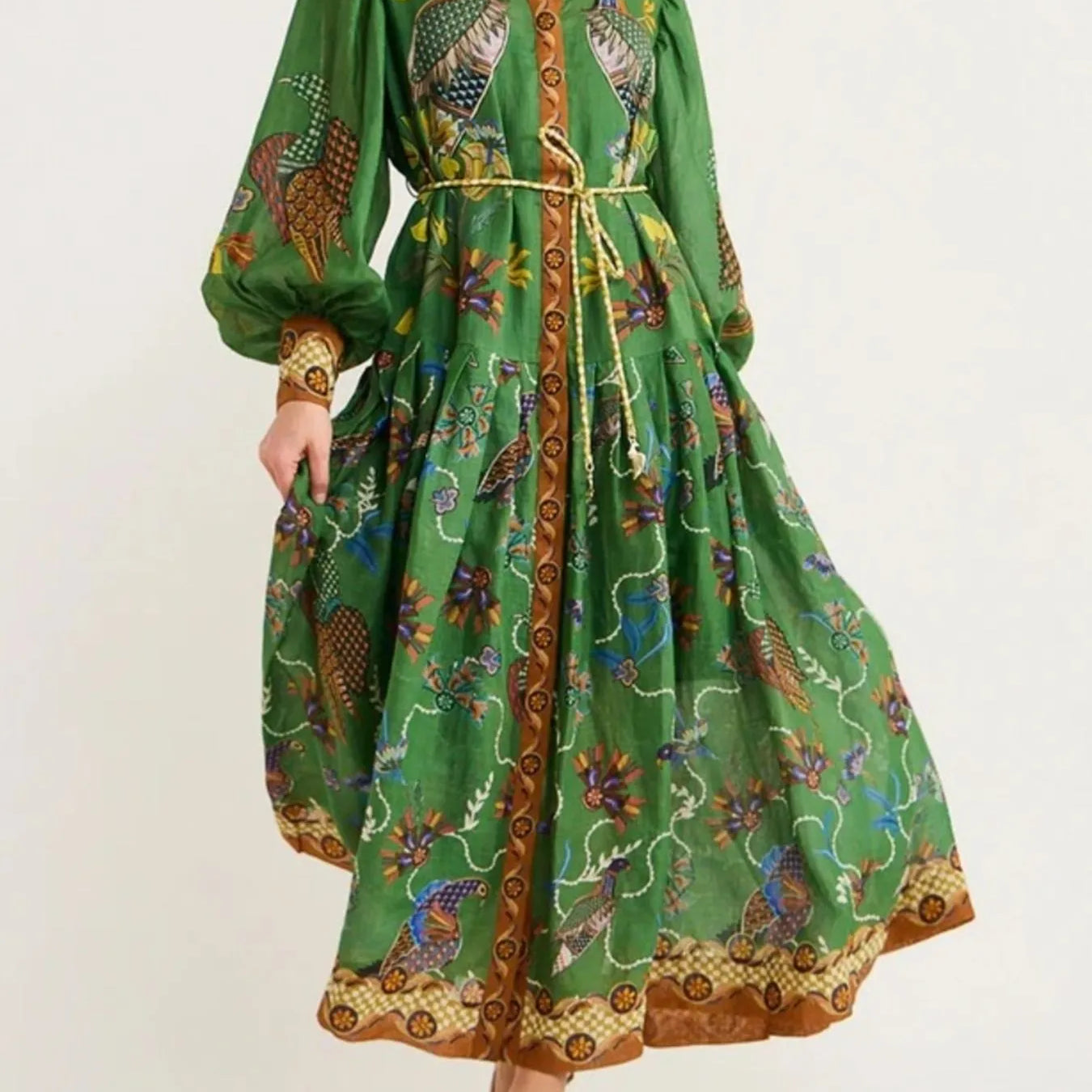 Green floral print silk Daverri Fashions lantern sleeve maxi dress